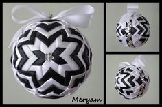 an ornament is decorated with black and white fabric