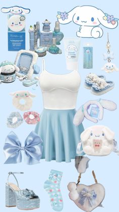 a bunch of items that are on top of a blue and white background with the words hello kitty written above them