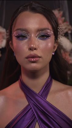 Fairy Tale Makeup Ideas, Fairytale Makeup Ideas, Crystals Makeup Look, Aphrodite Makeup Goddesses, Eye Makeup For Purple Dress, Purple Makeup Aesthetic, Purple Dress Makeup, Gem Makeup Looks, Enchanted Makeup