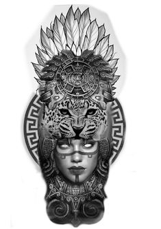 a black and white drawing of a woman's face with an intricate headdress