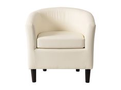 Vegan leather barrel chair in warm white with curved backrest and sleek wooden legs. Leather Barrel Chair, Patio Storage, Patio Bar Set, Patio Swing, Mattress Box Springs, Patio Sectional, Replacement Cushions, Accent Arm Chairs, Patio Accessories