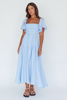 Lula Gathered Bust Midi Dress Blue by Selfie Leslie Blue Dress Modest, Wedding Guest Dress Modest, Spring Bridesmaids, Blue Selfie, Light Blue Midi Dress, Sunday Dresses, Modest Midi Dress, Blue Summer Dress, Selfie Leslie