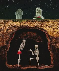 two skeletons standing in a cave looking at each other