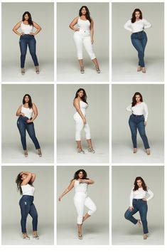 the woman is wearing all white and posing for different pictures in her pants, top, shirt and shoes