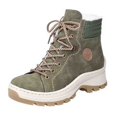 Rieker Lace-up Boot with Warm Lining for Women - Green Rieker Lace-up Boot with Warm Lining in Green Experience vacation vibes for your feet with these casual lace-up boots featuring a higher shaft from Rieker. The clever combination of laces and zipper allows for easy on and off. A round Rieker logo enhances the polished and chic look. The sturdy yet lightweight outsole prevents slipping. These lace-up boots offer super comfort with their replaceable, cushioned insole. Cozy warm lining ensures your feet stay toasty all day long. Ideal for everyday wear!   Color: Green  Heel Height: 3cm  Heel Type: Block Heel  Toe Shape: Round  Shoe Width: Normal (G)  Removable Insole: No  Outsole Color: Brown  Closure: Lace-up  Season: Autumn/Winter   Material & Care  Upper Material: Faux Leather  Lining Happy Shoes, Green Heels, Soft Shoes, Lace Up Ankle Boots, Danner Mountain Light Boot, Casual Lace, Green Lace, Boots For Women, Shoe Care