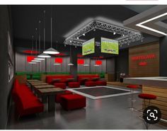 the interior of a sports bar with red and green seating