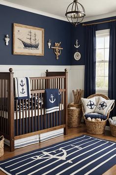 a baby's room decorated in blue and white with an anchor rug on the floor