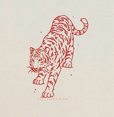 a red ink drawing of a tiger running