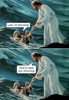 two pictures of jesus in the water, one with his hand over another's head