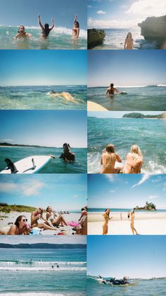 several pictures of people in the water at the beach