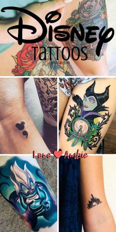 disney tattoos are shown in this collage