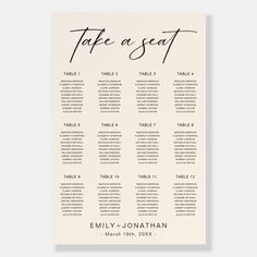 a seating chart for a wedding with black calligraphy on the front and white background