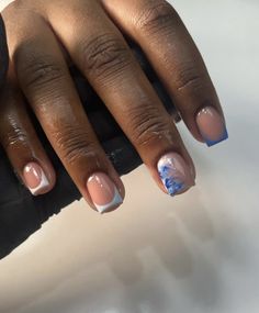 Short Nails With Blue Design, Short Square Overlay Nails, Short Manicured Nails Gel Designs, Short Square Acrylic Nails Funky, Super Short Nail Designs Simple, Short Blue And Silver Nails, Light Blue And Silver Nails Short, Short Everyday Nails, Very Short Nails Acrylic