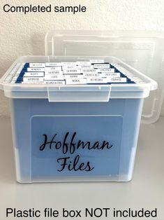 a plastic box with labels on it and the words hoffman files in black ink