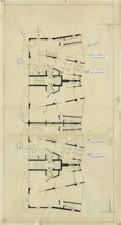 an old architectural drawing shows the floor plan for a house with multiple floors and stairs