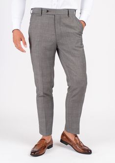 Spanish Grey Prince Of Wales Pants - SARTORO Gray Slim Fit Ankle-length Pants, Gray Slim Fit Ankle-length Bottoms, Gray Slim Fit Straight Pants, Gray Slim Fit Tapered Leg Bottoms, Slim Fit Gray Tapered Leg Bottoms, Gray Fitted Ankle Pants, Fitted Gray Ankle-length Pants, Tailored Gray Tapered Leg Bottoms, Tailored Gray Trousers