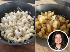 two pictures side by side one has macaroni and cheese in it the other shows a woman's face