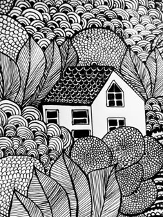 a black and white drawing of a house surrounded by trees