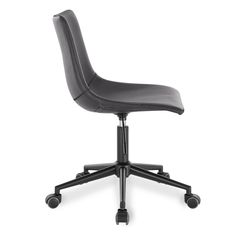 a black leather office chair with wheels on an isolated white background, viewed from the front