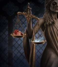 a lady justice statue holding two scales with meat on one side and fire on the other