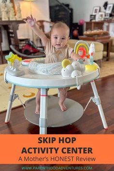 a baby sitting in a high chair with the words skip hop activity center