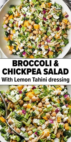 broccoli and chickpea salad Chickpea And Broccoli Salad, Vegan Curried Broccoli Chickpea Salad, Chickpea And Tahini Recipe, Chickpea Meals Healthy, Chopped Salad Vegetarian, Non Lettuce Salad Recipes, Check Peas Salad, Dietician Recipes Healthy, Healthy Chickpea Pasta Salad