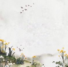 watercolor painting of yellow flowers and birds flying in the sky with white clouds above