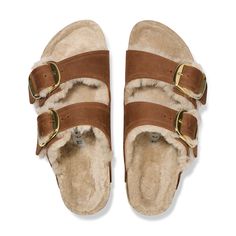 Birkenstock Arizona Big-Buckle Shearling-Lined Sandals in Cognac/Sandcastle Oiled Leather Shearling, Size IT 40: It’s the iconic two-strap style you know and love, now lined with a plush layer of shearling to keep your feet warm during the cool months. Topped with big shiny gold-tone buckles, they make fabulous house shoes, if you ask us. Leather, shearling, cork, EVA. Birkenstock Arizona Big Buckle, Arizona Big Buckle, Womens Casual Boots, Mens Boots Casual, Women's Shoes Accessories, Hiking Sandals, Waterproof Winter Boots, Pull On Boots, Calf Socks