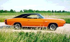 an orange car parked on the side of a road next to tall grass and trees