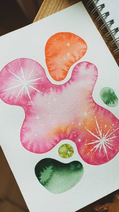 Abstract watercolor painting with pink, orange, and green organic shapes featuring white star-like patterns. Easy Watercolor Art For Beginners, Watercolor Inspo Easy, Water Coloring Ideas For Beginners, Simple Watercolor Paintings, Easy Landscapes, Watercolor Painting Ideas, Creative Watercolor, Free Printable Templates, Tropical Watercolor