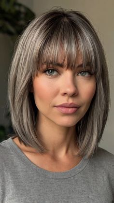 medium length gray hairstyles with bangs Fringe Hairstyles Medium, Grey Bob With Fringe, Lob With Fringe Bangs, Long Bob With Side Bangs Shoulder Length, Grey Bob With Bangs, Gray Lob With Bangs, Shoulder Length Gray Hair With Bangs, Lob With Fringe, Gray Hairstyles With Bangs