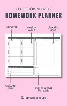 the free printable homework planner is shown on a pink background with text that reads,