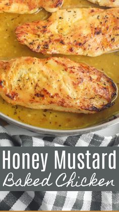 honey mustard baked chicken in a skillet with text overlay that reads honey mustard baked chicken