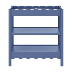 a blue shelf with two shelves on each side