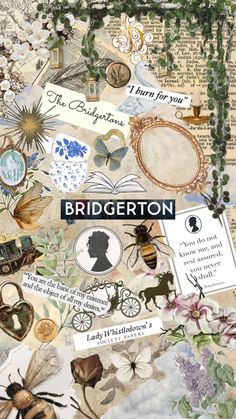 a collage of images and words with the word bridgerton written on them in blue