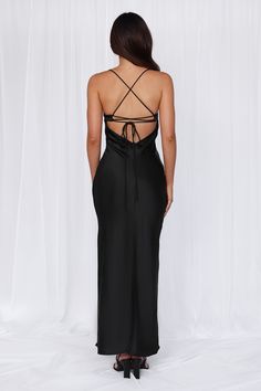 Length from top of bust to hem of size S: 132cm. 
 Chest: 36cm, Waist: 32cm, across front only of size S. 
 Maxi dress. 
 Lined. 
 Model is a standard XS and is wearing size XS. 
 True to size. 
 Non-stretch. 
 Luxurious satin. 
 Scoop neckline. 
 V-back. 
 Crisscross tie-up back. 
 Vent extension. 
 Straight, flowy silhouette. 
 Zipper with hook eye closure.  
 Cold hand wash only. 
 Polyester. 
 This material is very delicate. Please handle with care. 
 Please Note: This product is a Exclusive Plisse Dress, Candy Dress, Prom Shopping, Maxi Dress Black, Maxi Dress Wedding, Satin Maxi, Satin Maxi Dress, Dresses Backless, Pink Maxi Dress