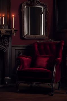 a red chair sitting in front of a fire place next to a wall with a mirror on it