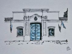 a drawing of a blue door in front of a white building