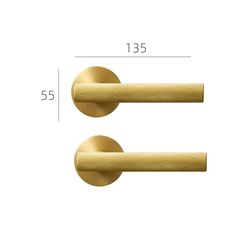 two brass door handles with measurements for each one and the other side, on a white background