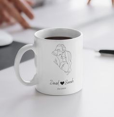 a white coffee mug sitting on top of a table