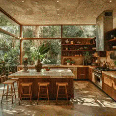 a kitchen with lots of counter space and plants in the window sill above it