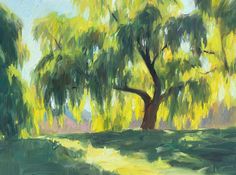 an oil painting of a tree on a sunny day