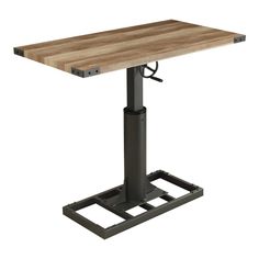 a wooden table with metal legs and a square top on an industrial base, viewed from the front