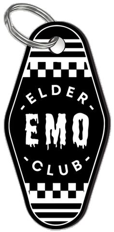 a black and white keychain with the word emo club on it's side