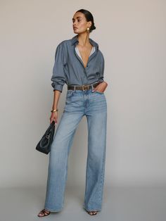 Denim time. Shop the Palmer Lived-In Baggy Jeans from Reformation, a low-rise jean with a relaxed leg and lived-in feel. Baggy Jeans Outfit Fall, Outfits With Wide Leg Jeans, Low Rise Jean, Jeans Outfit Fall, Time Clothes, Chic Jeans, Relaxed Jeans, Swimwear Dress, Long Jeans