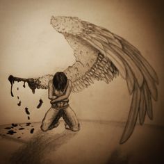 a drawing of an angel kneeling down with his arms spread out and dripping blood on the ground