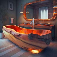 a wooden bathtub sitting on top of a hard wood floor