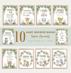 10 baby shower signs with animals and greenery on the sides, including one for each child