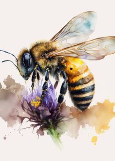 a painting of a bee sitting on top of a purple flower with watercolor splashes