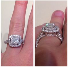 two different views of an engagement ring with diamonds on top and the same photo in bottom